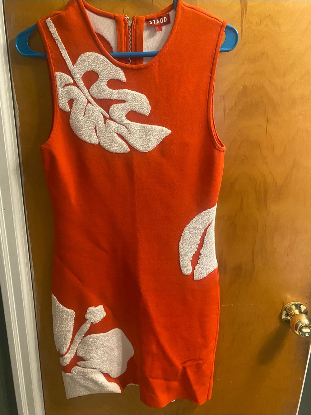 STAUD Red Sleeveless Tropical Appliqué Dress